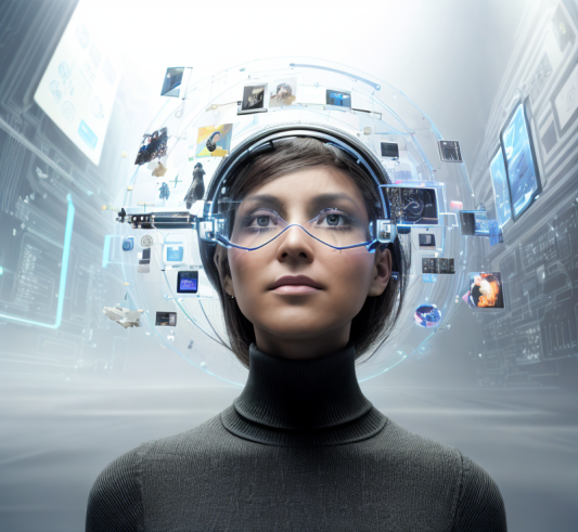 a woman wearing a space suit with VR glassess.